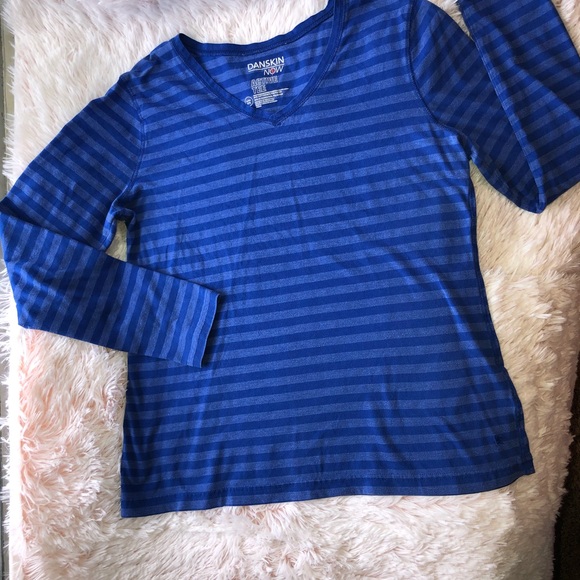 Danskin Now Tops - Danskin Long Sleeved V Neck Blue Striped Shirt XL